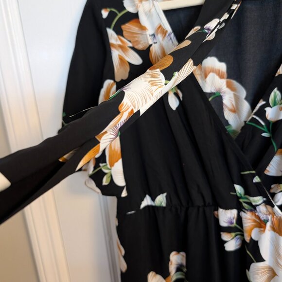 Shein Black Floral Wrap Maxi Dress — Flutter Sleeves, Deep V-Neck, Size 2XL - Picture 9 of 11